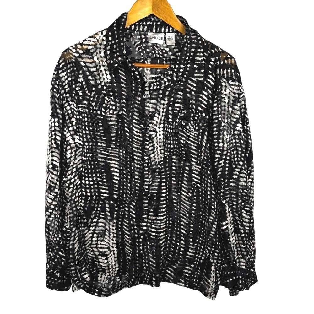 Chicos Women Long Sleeve‎ Button Velvet Burnout Silk Shirt Sz 2 = US L/12 Party